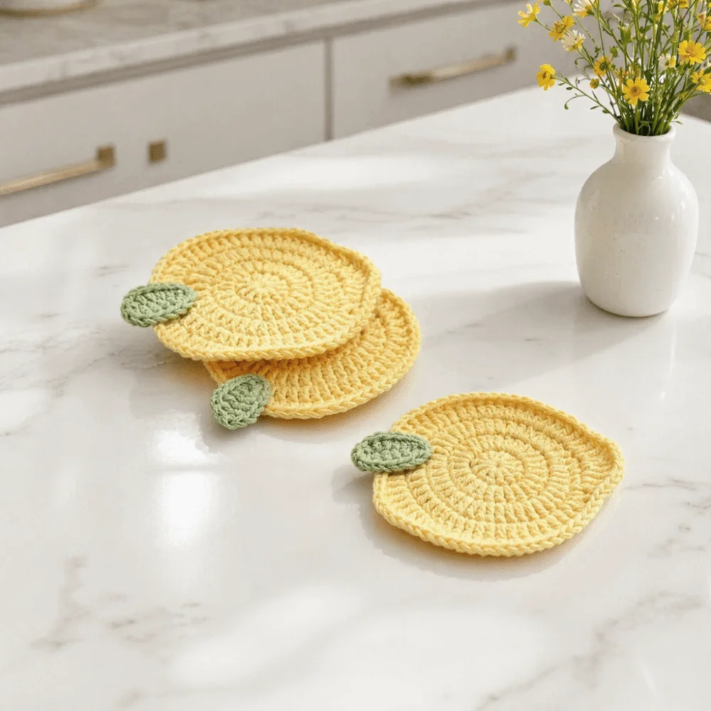 3PCS Heat-insulating Hand-crocheted Lemon Coasters Non-Slip Handmade Drink Mats Polyester Fruit-themed Coffee Mat Living Room