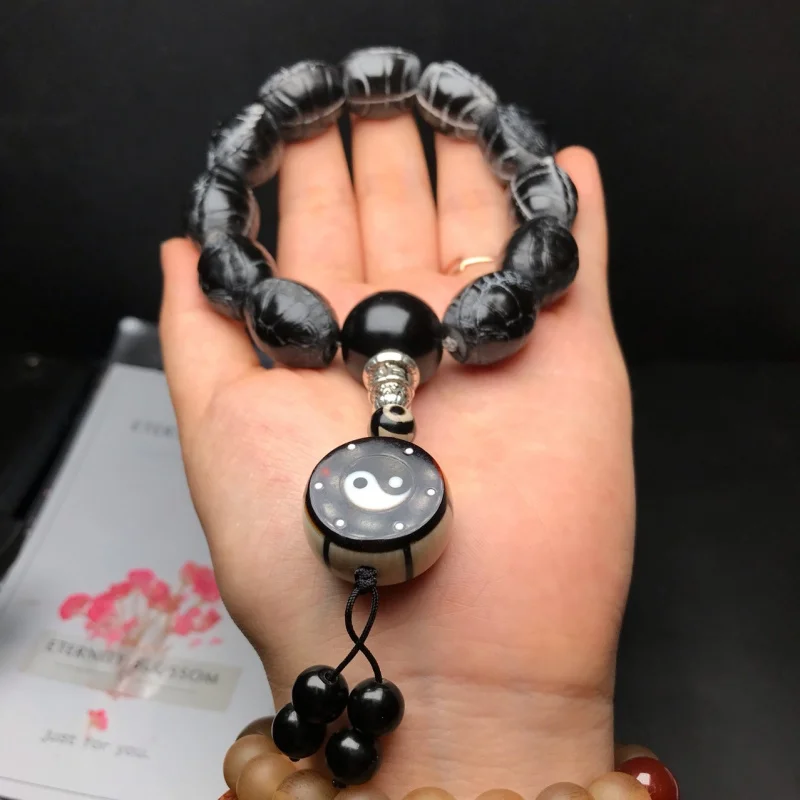 Natural Ox Bracelet, Tai Chi Bagua Design! 11 Wealth Charms paired with buffalo horn round beads