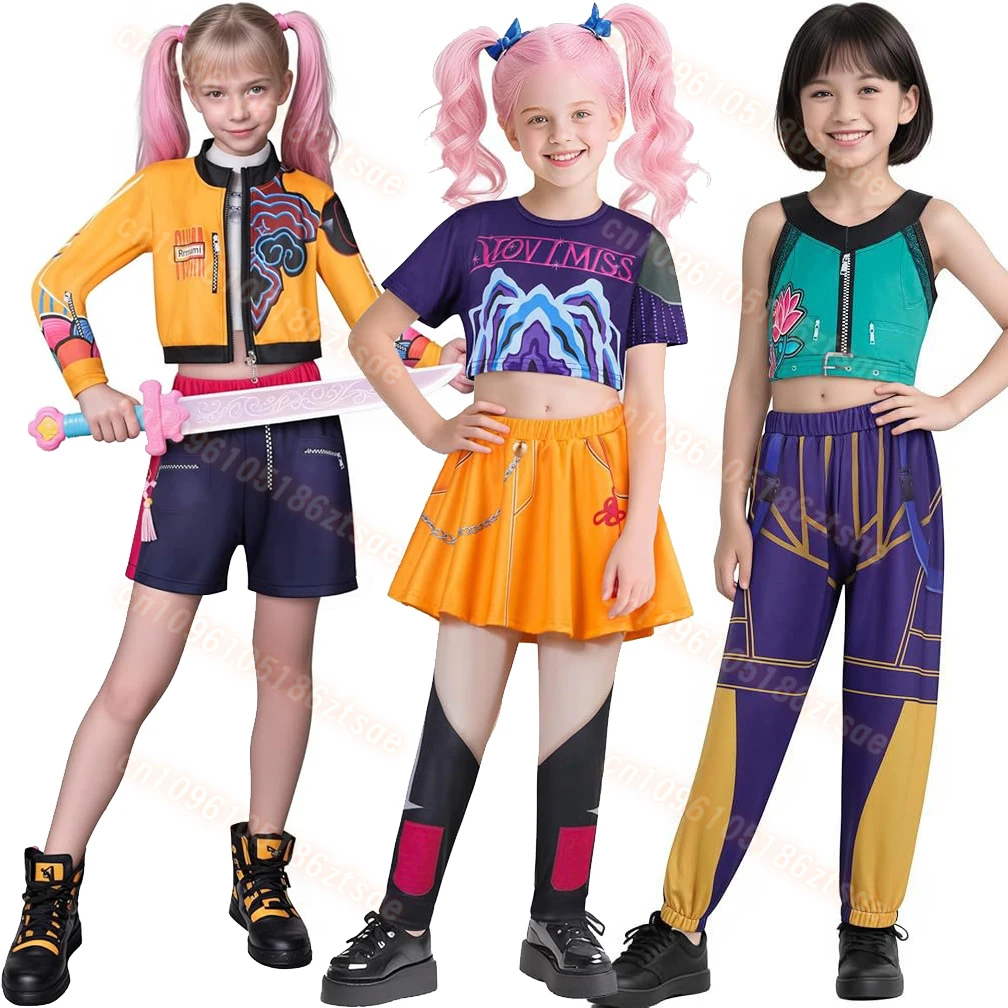 

Kids Girls 3D Print Anime Kpop Demon Hunters Cosplay Rumi Zoey Mira Cosplay Costume Idol Tops Skirt Shorts Child Halloween Party