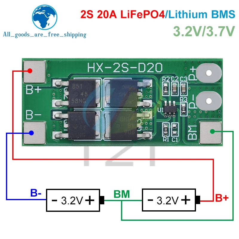 TZT 2S 6.4V 7.4V 20A LiFePO4 / Lithium 18650 32650 Battery Charge Protection Board 13A working Current  20A Current-limiting