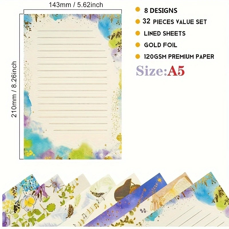A5 Cute Colored Gold Foil Stamping Fancy Lined 32 Sheets Stationery Writing Letter Paper Set for DIY Crafts Wedding Invitation