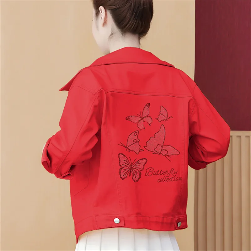 Letter Diamond Butterfly Denim Jacket Women Loose Casual Short Cowboy Outerwear Fashion 8 Color Big Pocket Jeans Jacket Female