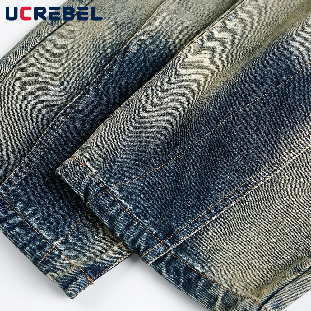 グラデーション染めスプライスバナナジーンズメンズヒップホップストリートワイドレッグバギーデニムパンツメンズ