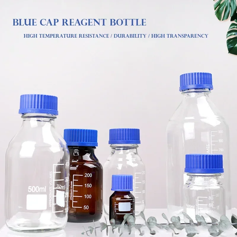 25ml-1000ml Empty Non-High Borosilicon Glass Media Storage Bottles with Blue GL45 Screw Caps for Lab Mixtures Reagent Liquids