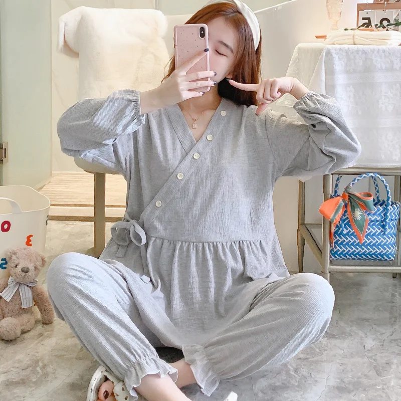 New 65% Cotton Maternity Nursing Sleepwear Set Spring Autumn Pajama Clothes For Pregnant Women Pregnancy Home Sleep For Hospital