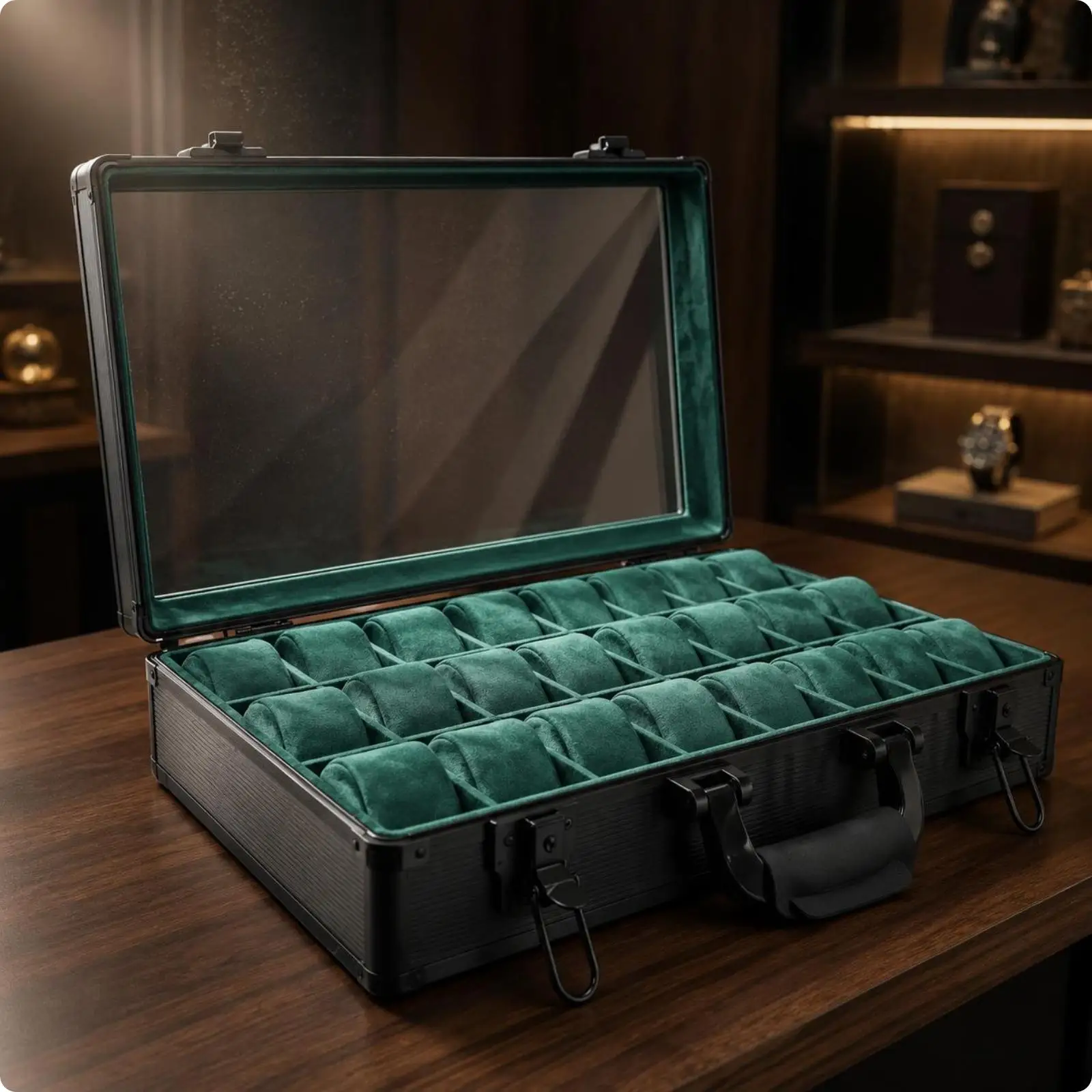 Watch display case with 24 compartments, padded cushions and