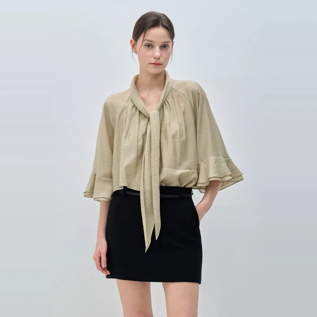 Ele V-ne Plissee irt Damen Faion Commute Sle Koreanische Version Pure Color Long Sve Button Detail Bluse