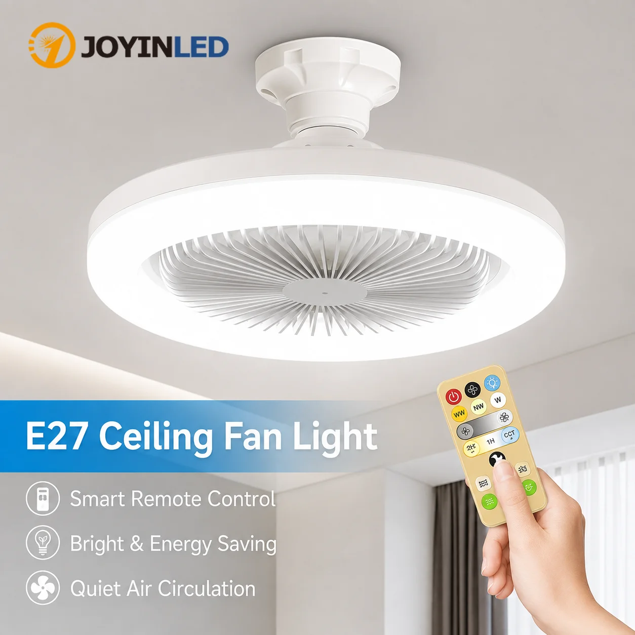 JOYINLED 3-in-1 E27 Ceiling Fan with Light & Remote Control, 3 Speeds, 3 Color LED Lamp, Silent for Bedroom Living Room DIA 25CM