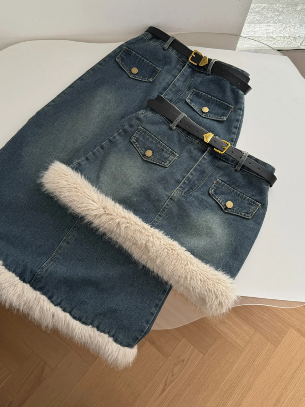 Korean Style Denim Suit Women Autumn Long Sleeve Patchwork Fur Short Jacket + High Waist A-line Skirt Women's Clothing