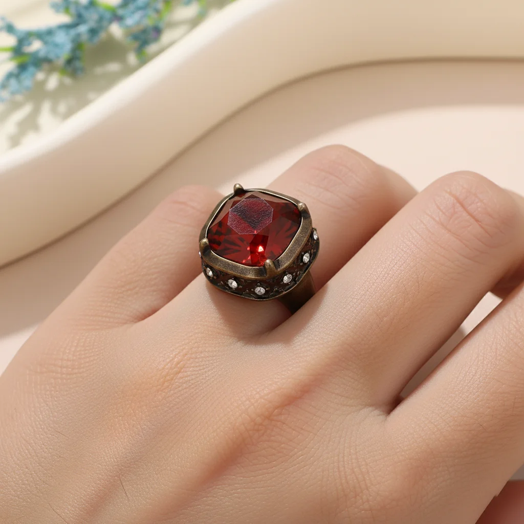 

Vintage Bronze Ring with Large Red Square Stone & Rhinestone Accents - Women's Gothic Rhinestone Ring Jewelry for Women Men