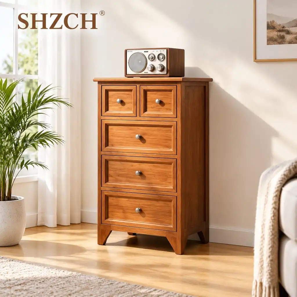 American Solid Wood 5 Drawer Dresser, Living Room Storage Cabinet, Bedroom Tall Chest, Vintage Wall Unit with Thick Board