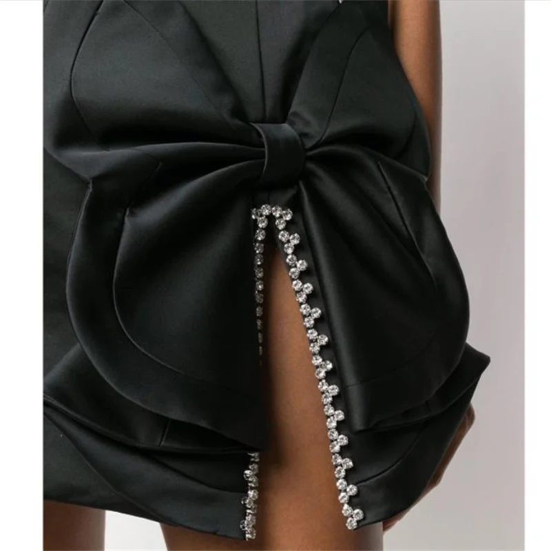 Summer new nail drill split skirt high waist shows thin bow black skirt women