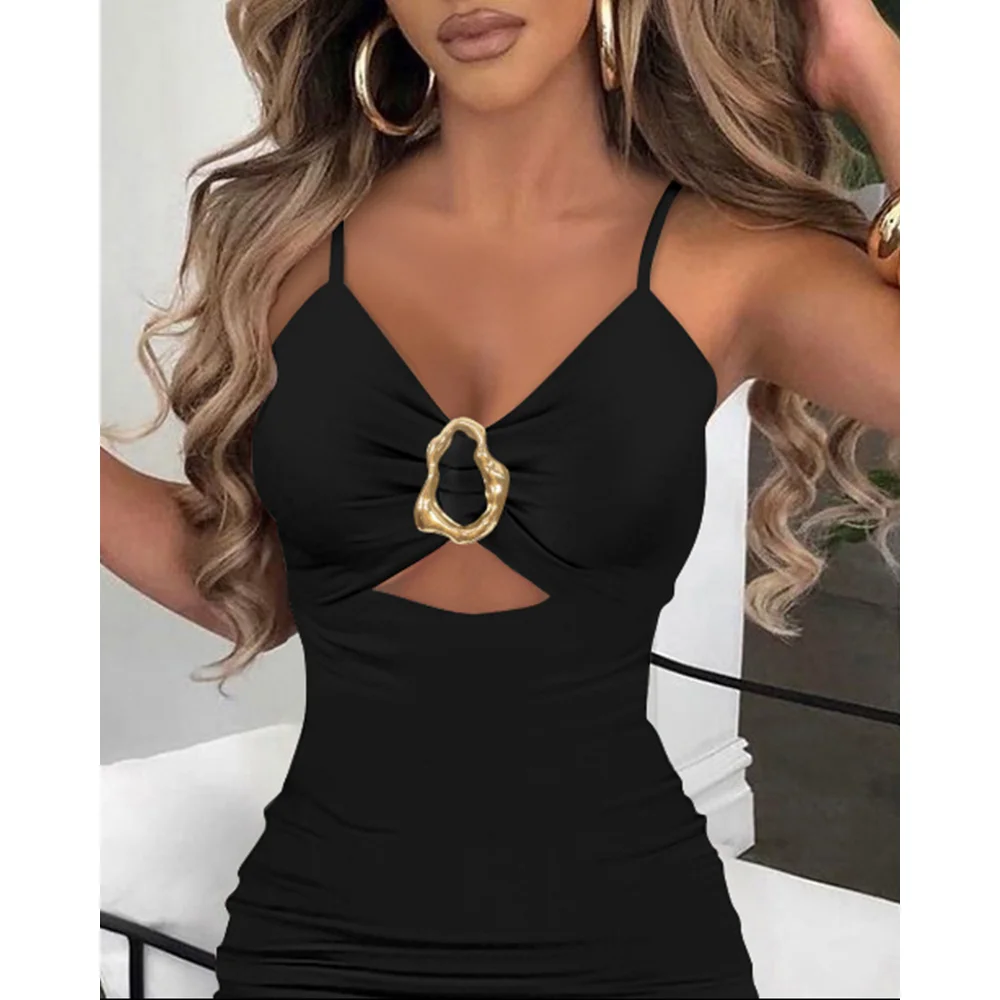 Femmes col en v Spaghetti sangle anneau en métal robe moulante haute fente froncé robe de soirée Sexy cordon découpé robe longue noire