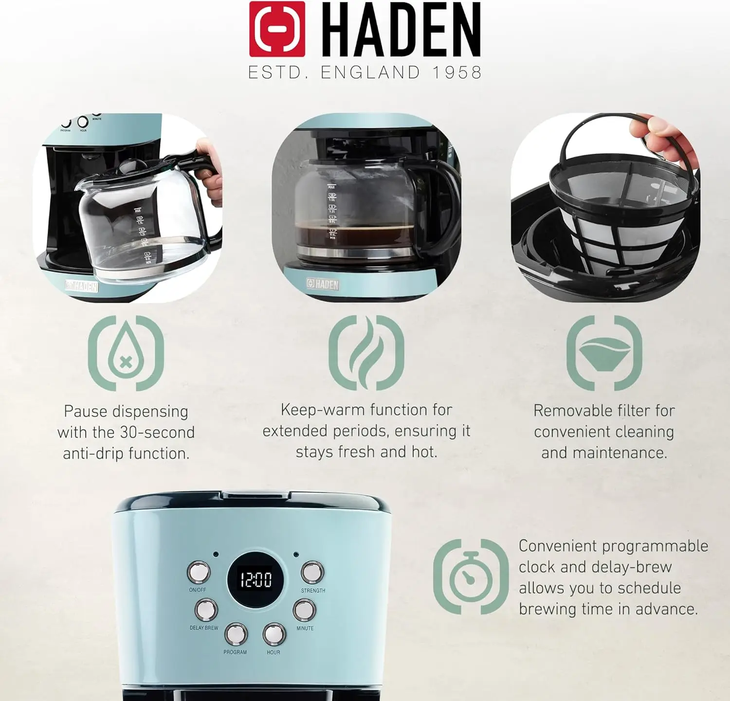 ماكينة صنع القهوة بالتنقيط القابلة للبرمجة سعة 12 كوبًا مع محمصة خبز من الفولاذ المقاوم للصدأ بفتحة واسعة مكونة من 4 شرائح، باللون الفيروزي