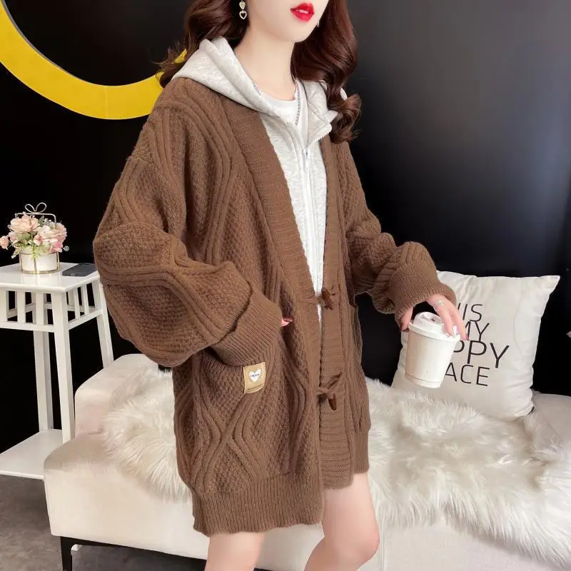 Women's Patchwork Fake Two Piece Hooded Sweater Coats Spring Fall Lady Casual Knitted Jacket Daily Joker Cardigan Female 2025