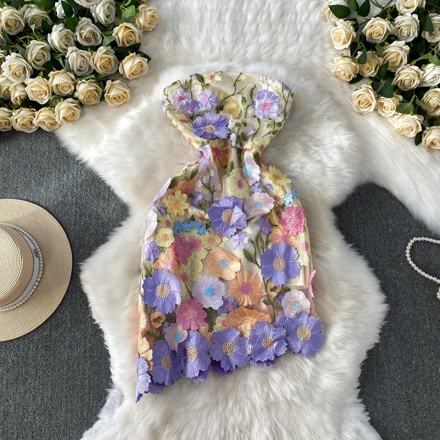 

Vintage sexy Embroidered mesh Dress Chic Summer Beach fairycore Vestidos Vacation women clothing