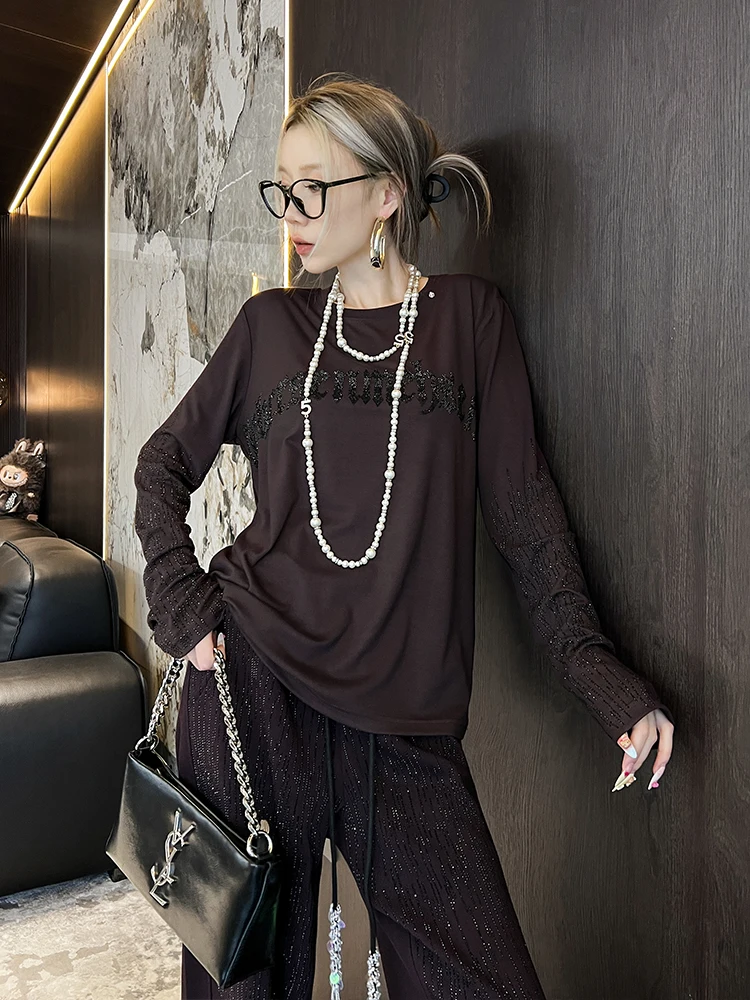 

Женская повседневная футболка с круглым вырезом и длинным рукавом, с крупной вышивкой, с эффектом утяжки, с ромбовидной вышивкой, осенне-зимняя новинка