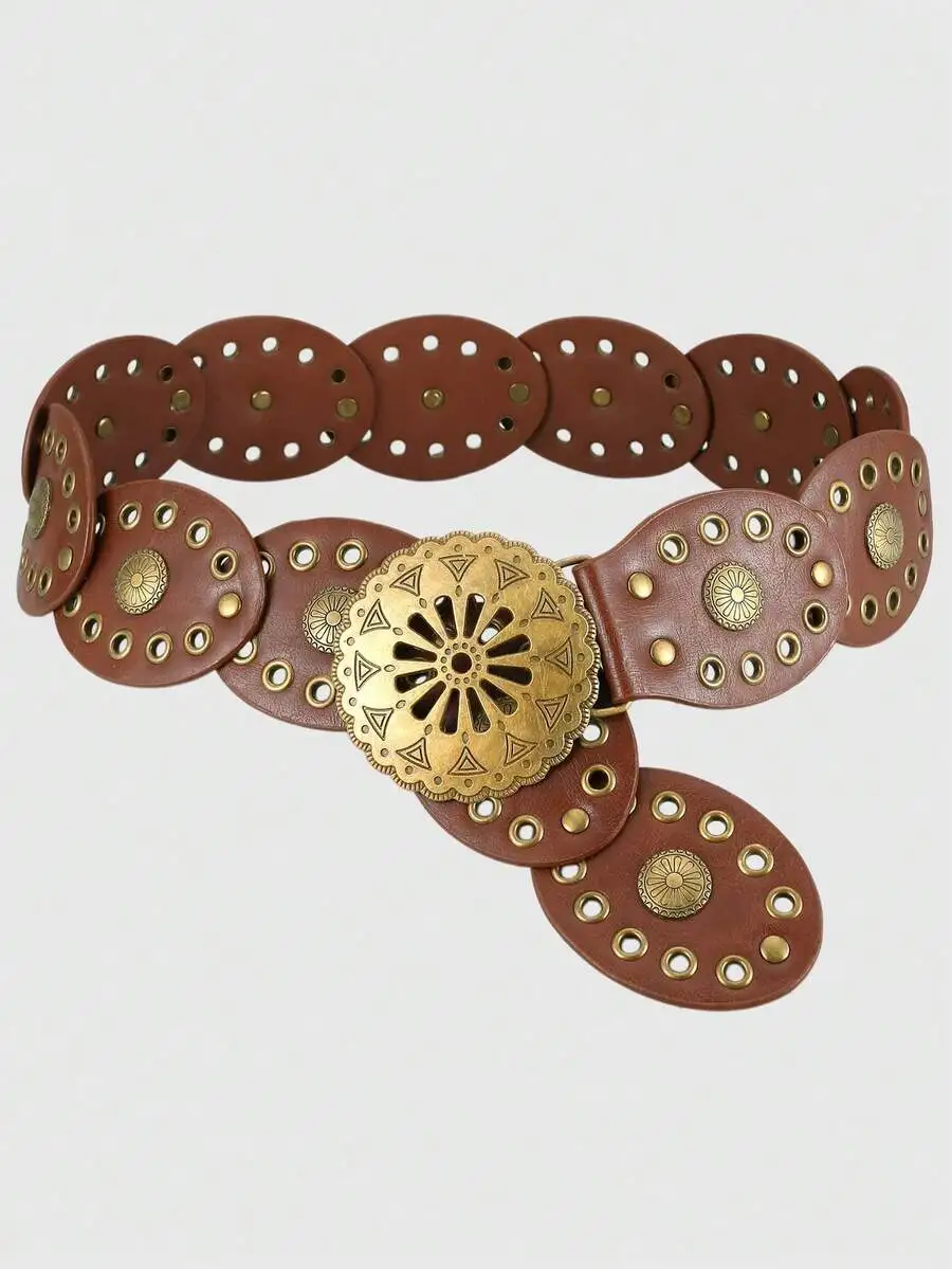 ROMWE Hippie - Cinturón de cuero ovalado marrón con hebilla de metal y ojales, estilo bohemio occidental, 1 unidad, para mujer, con decoración de botones de flores huecas