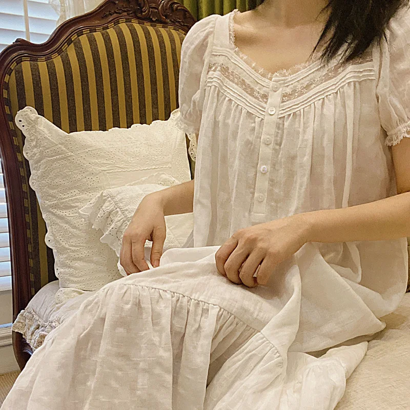 

French Court Style Nightgown Short Sleeve Summer Women's Home Wear Princess Sweet Sleepwear Cotton Loose Outside