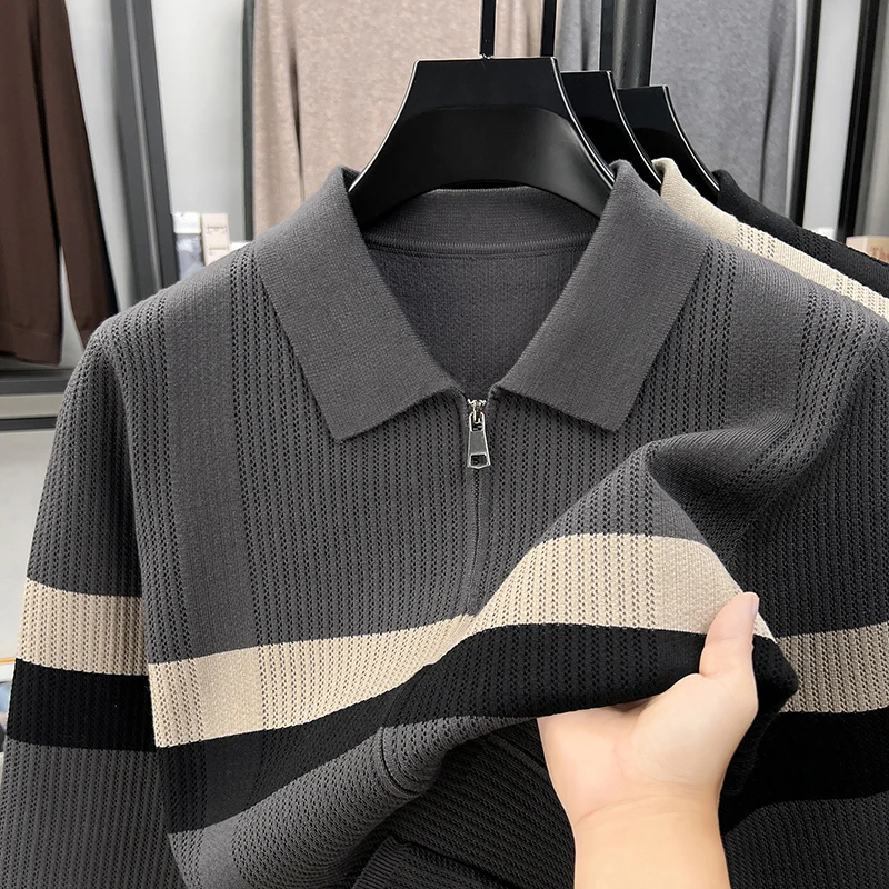 High Quality striped men's knitted sweater coat soft comfort luxury pocket fashion casual versatile new zipper lapel cardigan