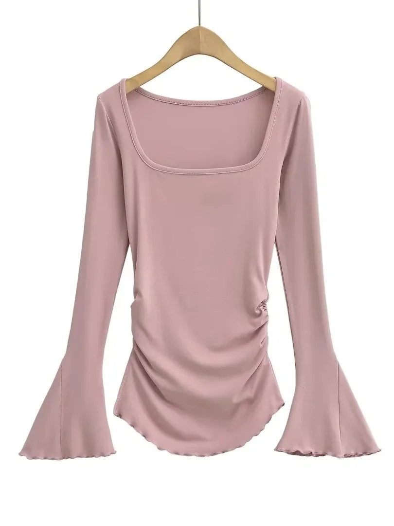 

Large Neckline Flared Sleeve T-shirt With Pleated Bottom For Women Spring 2024 New Slim Spicy Girl Long Sleeved Top P8NU