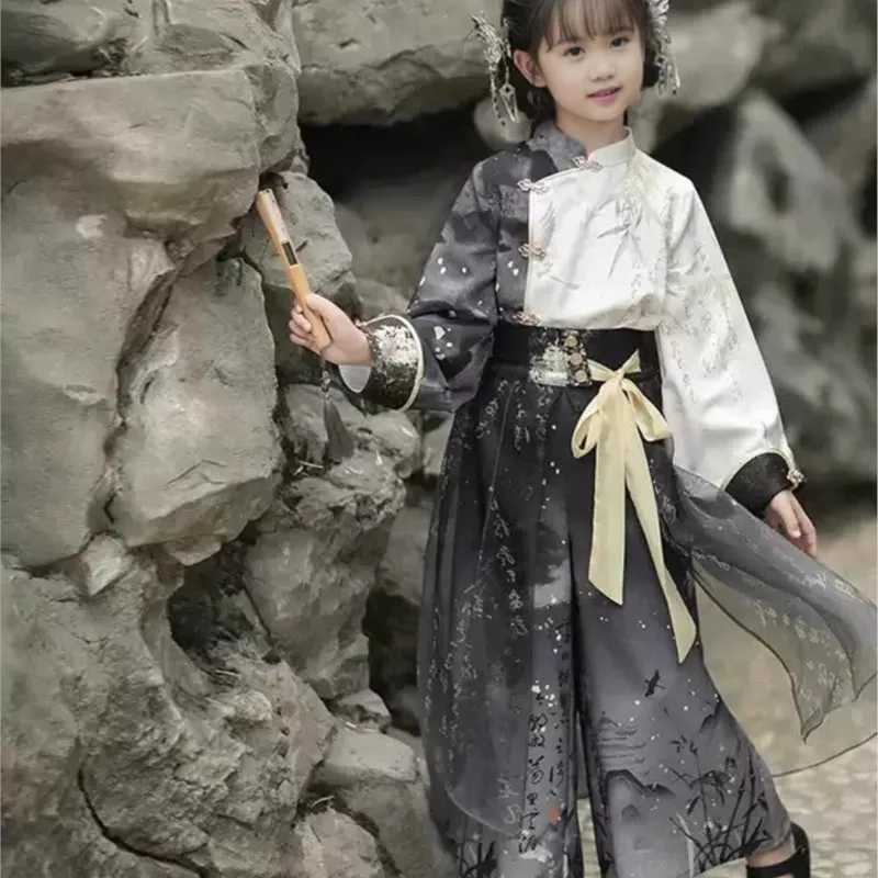 Children's Spring/Autumn 2026 New Ink Hanfu Set Girls' Chinese Style Tang Hanfu Ancient Costume Kids' Printed Top Pants LJ390