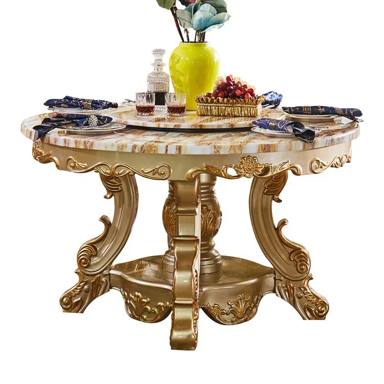

All solid wood round table with turntable marble dining table and chairs combination villa restaurant