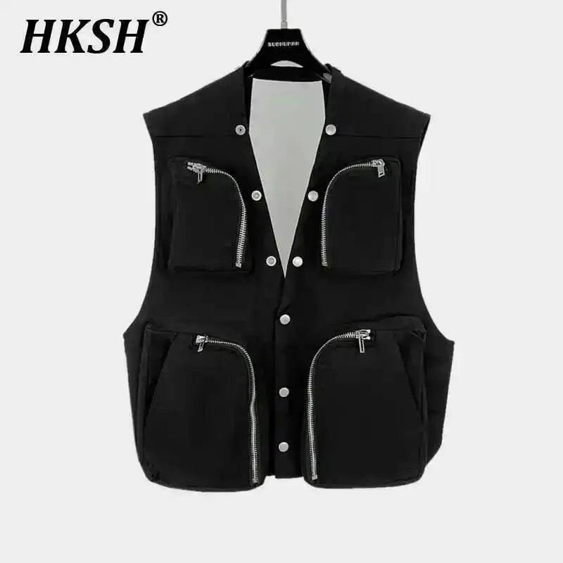 HKSH Spring Autumn Summer New Men's Dark RO Style Showroom Function Pocket Motorcycle Zipper Button Outer Strap Vest Coat HK2955