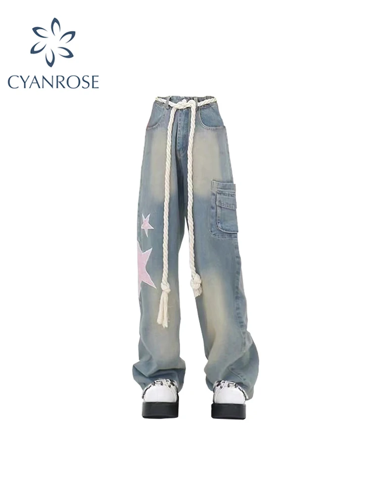 

Women's Vintage High Waist Baggy Star Jeans 90s Aesthetic Y2k Denim Trouser Fashion Retro Wide Cowboy Pants 2000s Grunge Clothes