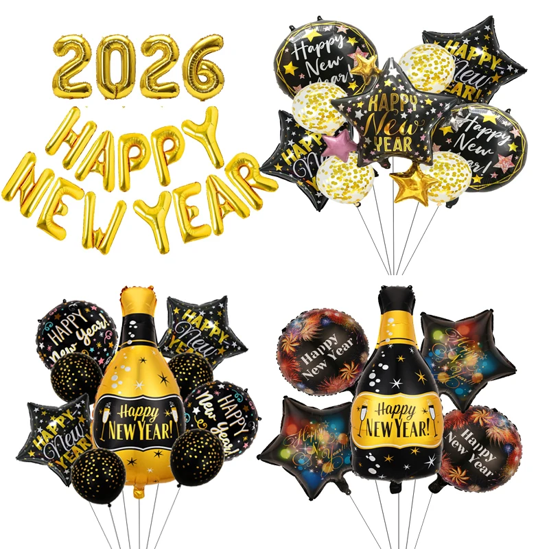 

2026 Happy New Year Wine Bottle Aluminum Foil Balloon Combination Happy New Year Party Home Celebration Decoration Supplies