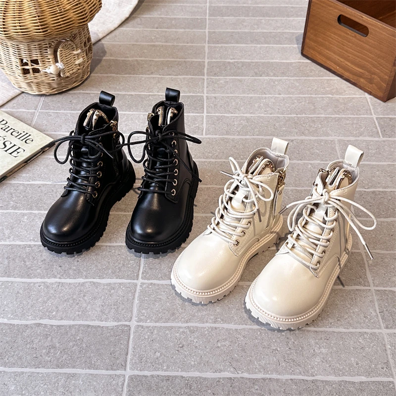 

Детские ботильоны на платформе, весенне-осенние новые модные школьные кожаные ботинки для девочек, детские короткие ботинки на нескользящей молнии, черные, бежевые