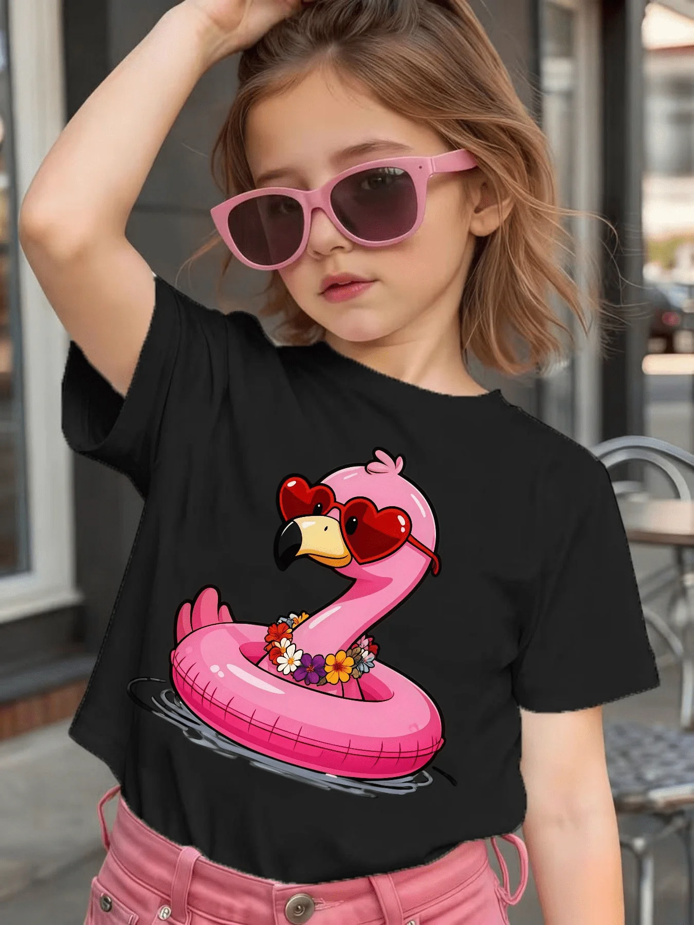 Cute Flamingo Swim Ring Heart Glasses Graphic Kids Tee Boys Girls Family Matching Cotton Crew Neck Short Sleeve Soft Summer Tee