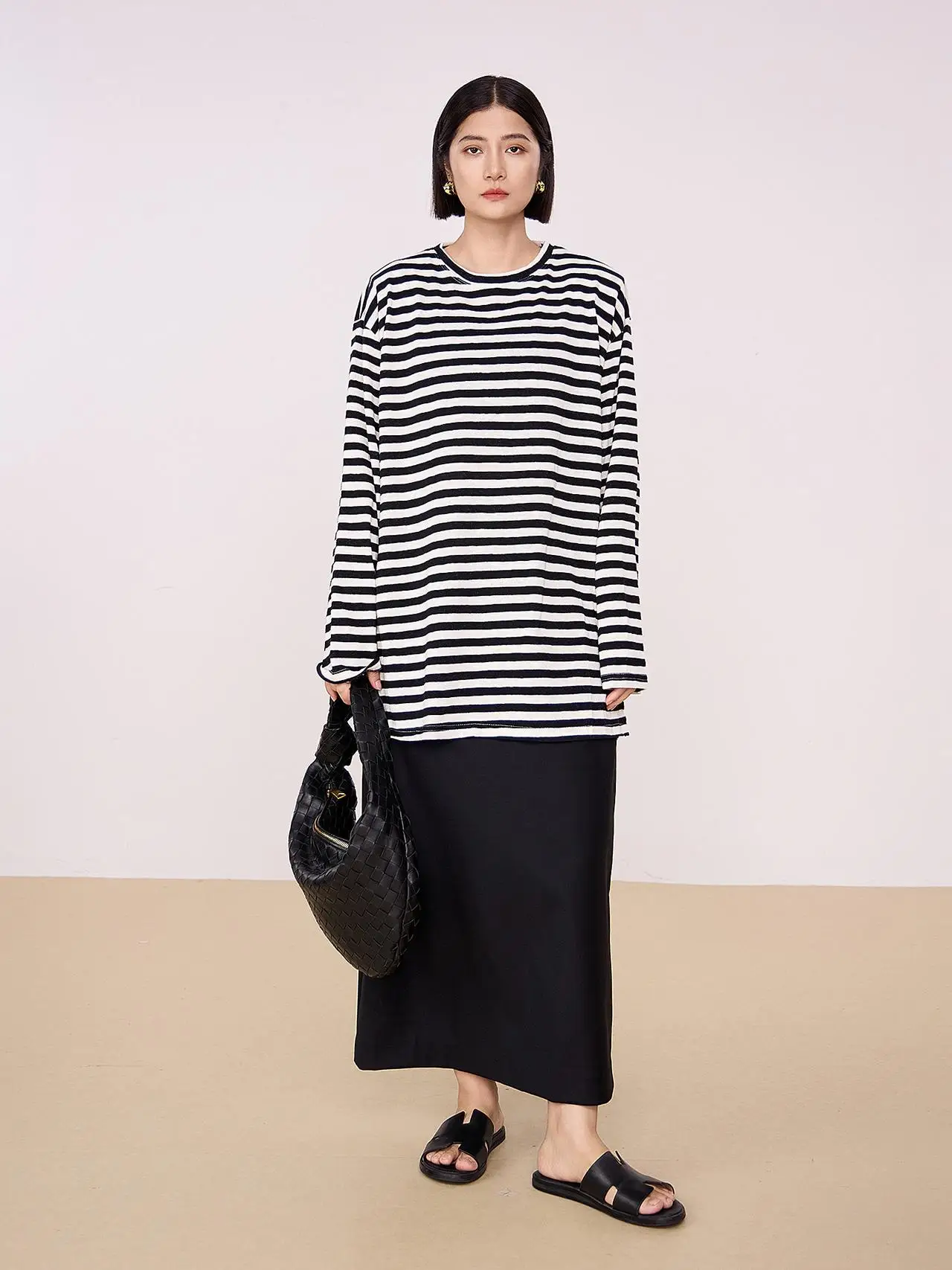 

Xinye Ni Long Staple Cotton Striped T-irt Women's Loose Long Sve Base irt Top Commute Sle Classic Pattern Cotton 00%