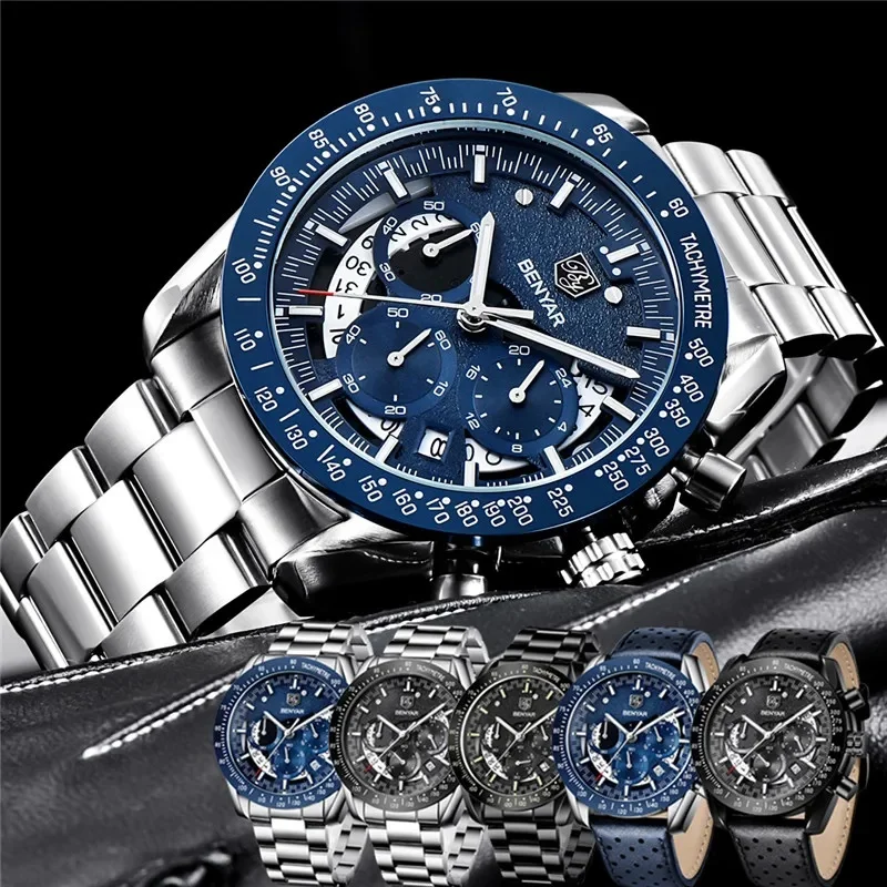 BENYAR BY-5120M 45MM Large Dial Men Quartz Wristwatch Synthetic Sapphire Glass Chronograph Casual Leather Watch