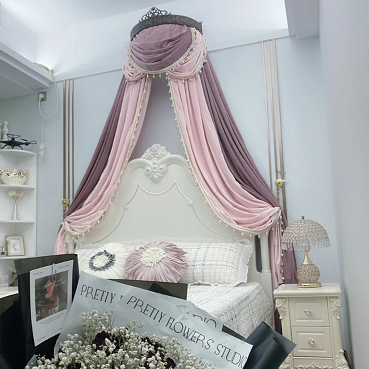Retro bed mantle flannel blackout decorative curtain, princess room bedroom bedside decorative yarn bed mantle