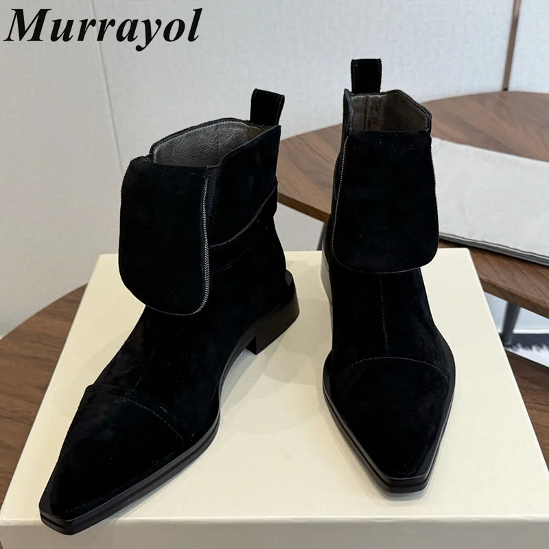 Ankle Botas Mujer String Bead Pocket Decor Pointed Flat Thick Bottom Riding Boots Women Autumn Winter Cow Suede Short Boots
