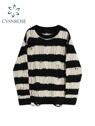 Black And White Striped Gothic Sweaters Women Ripped Holes Loose Knitted Pullover Frayed Fairy Grunge Jumpers Streetwear 2022