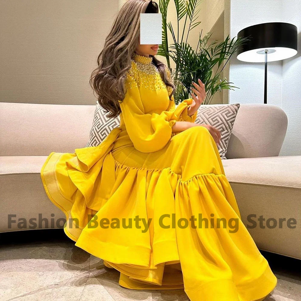 Classic Satin Celebrity Dress Long Sleeve With Beaded Ruffled High Neck Saudi Arabian Women\'s Mermaid Brush Train Evening Gown