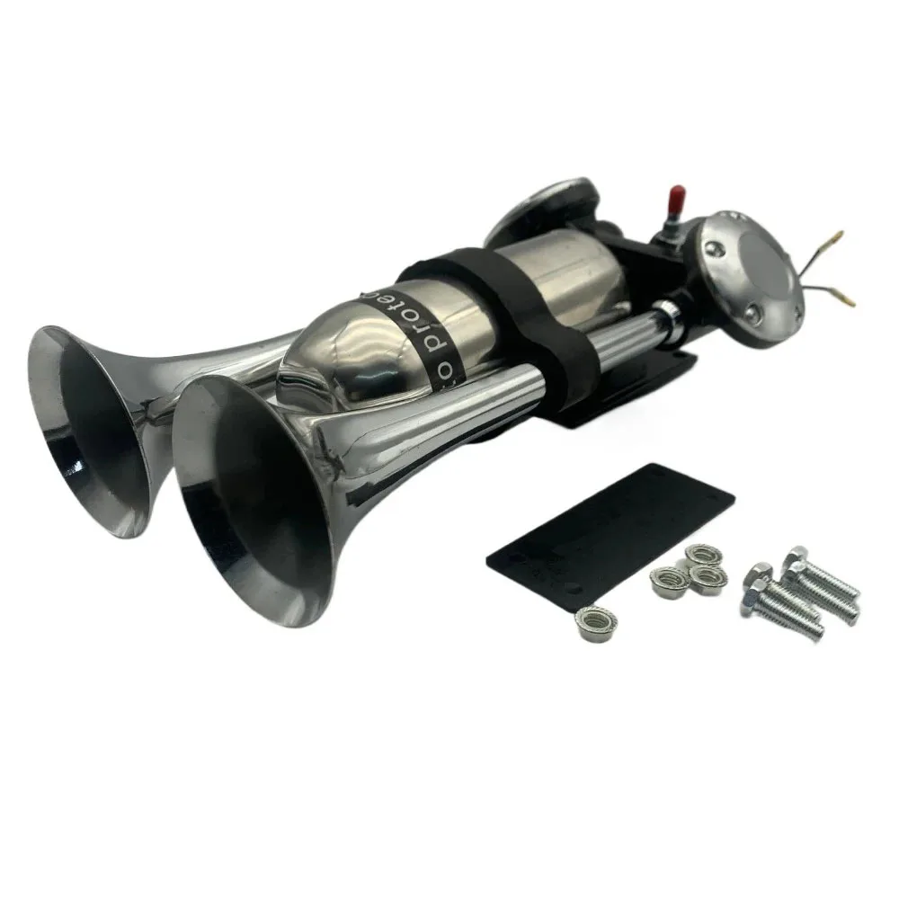 12V/24V 105dB Universal Dual Trumpet Electric Horn Loud Chrome Air Horn Speaker With Air Storage Tube Kit For Train Truck Lorry