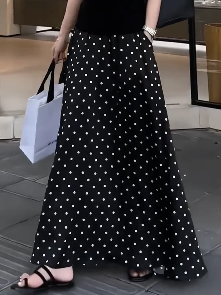 

Летняя свободная юбка в черный горошек, женская длинная юбка А-силуэта с высокой талией, элегантная корейская юбка больших размеров
