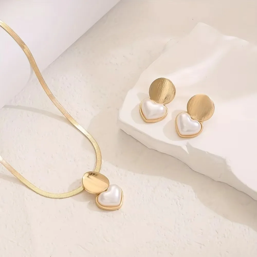 2 قطعة مجموعة الإبداعية الذهب اللون التعميم على شكل قلب قلادة على شكل قلب اللؤلؤ الأفعى العظام سلسلة مجموعات مجوهرات هدية إعطاء