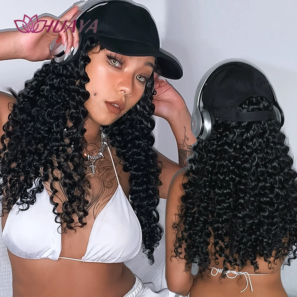 Synthetic Long Kinky Curly Wigs Baseball Cap with 16in Hair Extensions  Hat Adjustable One-piece Wigs for Women