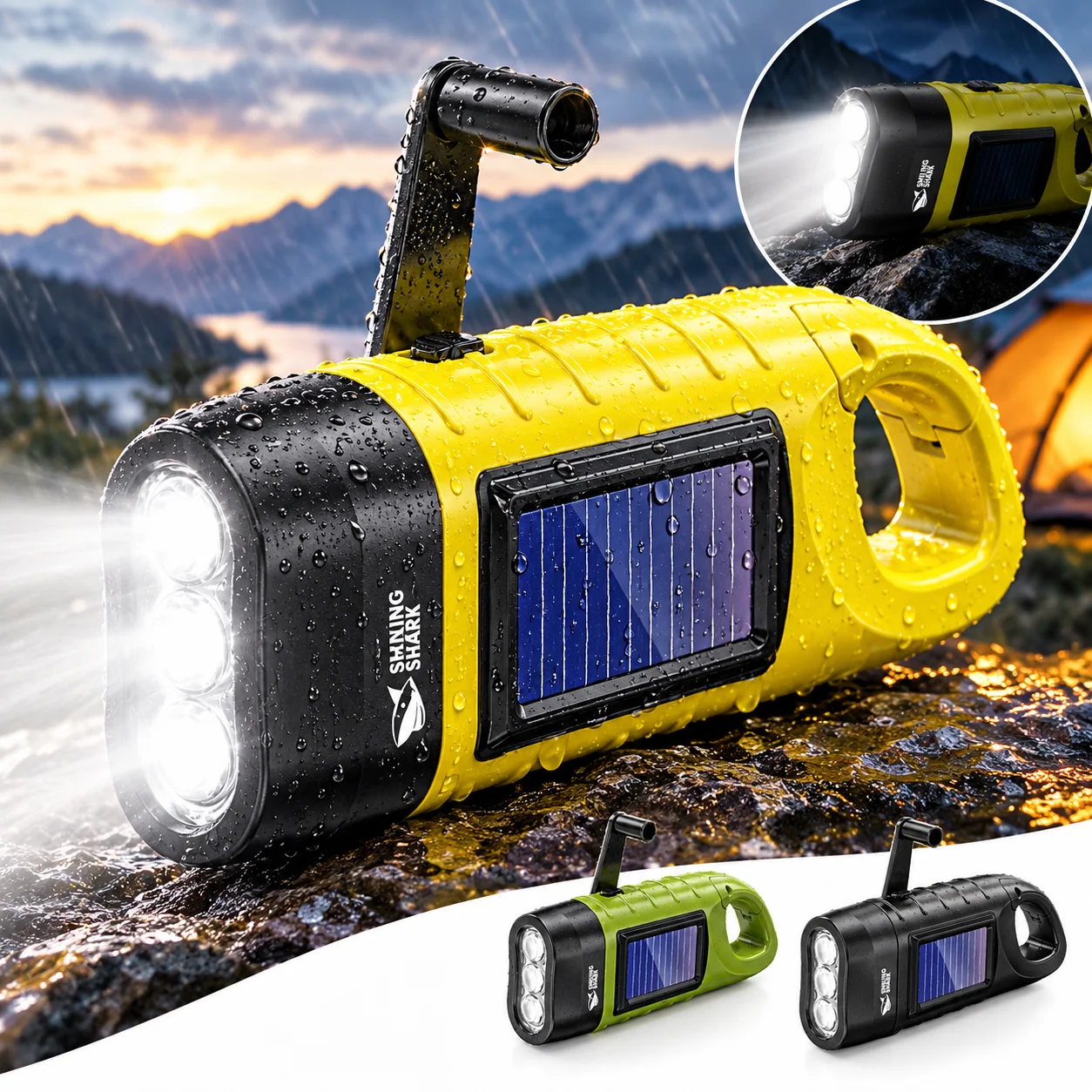Hand Crank Solar Powered Flashlight Emergency LED Torch Portable Carabiner Dynamo Light For Outdoor Camping Survival