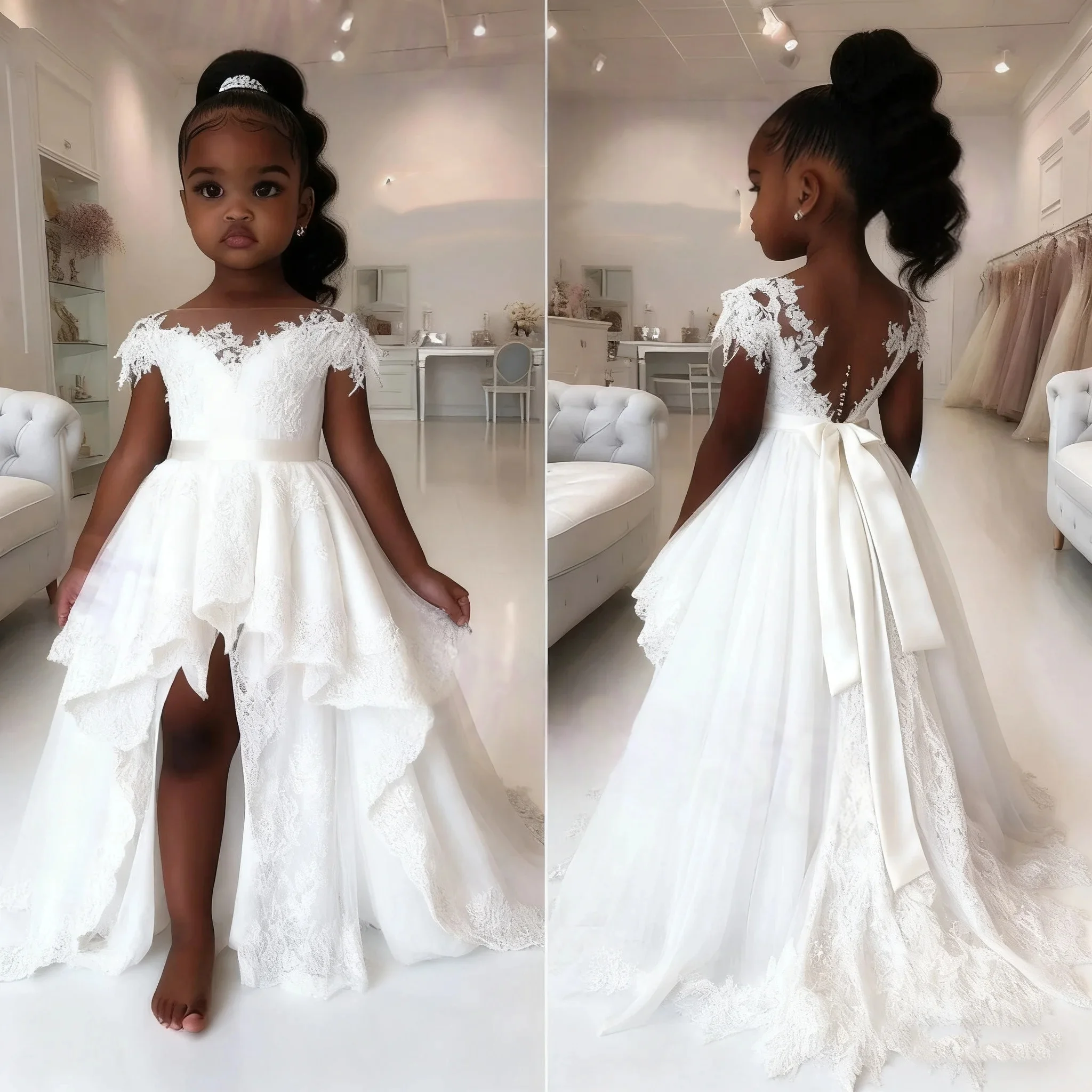 JDY Custom Flower Girl Dress Wedding Gown Birthday Party Pageant Dress High Low Lace Tulle Bow Back Princess Gown For Girls