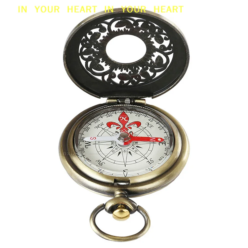 【X】Vintage Bronze Compass Pocket Watch Design Outdoor Hiking Navigation Mountaineering Camping Hiking Portable Flip Compasses