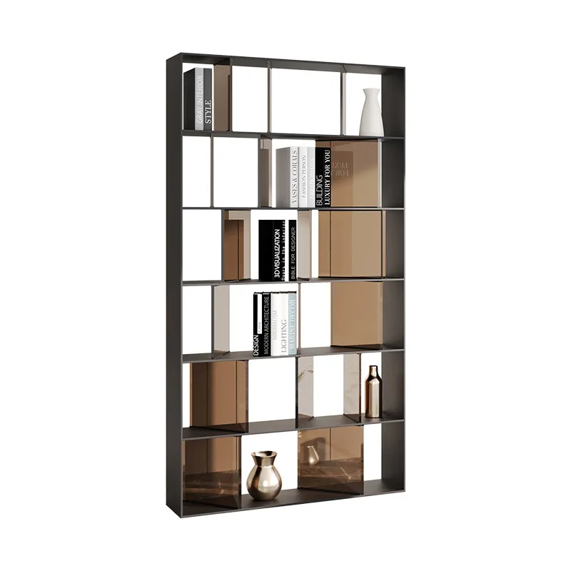 Italian minimalist stainless steel bookshelf floor-to-ceiling living room decoration is a multi-layer steel plate