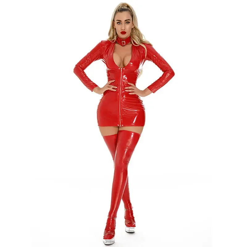 حار المرأة مثير لامعة بولي كلوريد الفينيل فستان من الجلد أسود أحمر الصلبة لامعة Bodycon اللاتكس فستان قصير Wetlook براءات الاختراع والجلود المثيرة فستان الإباحية