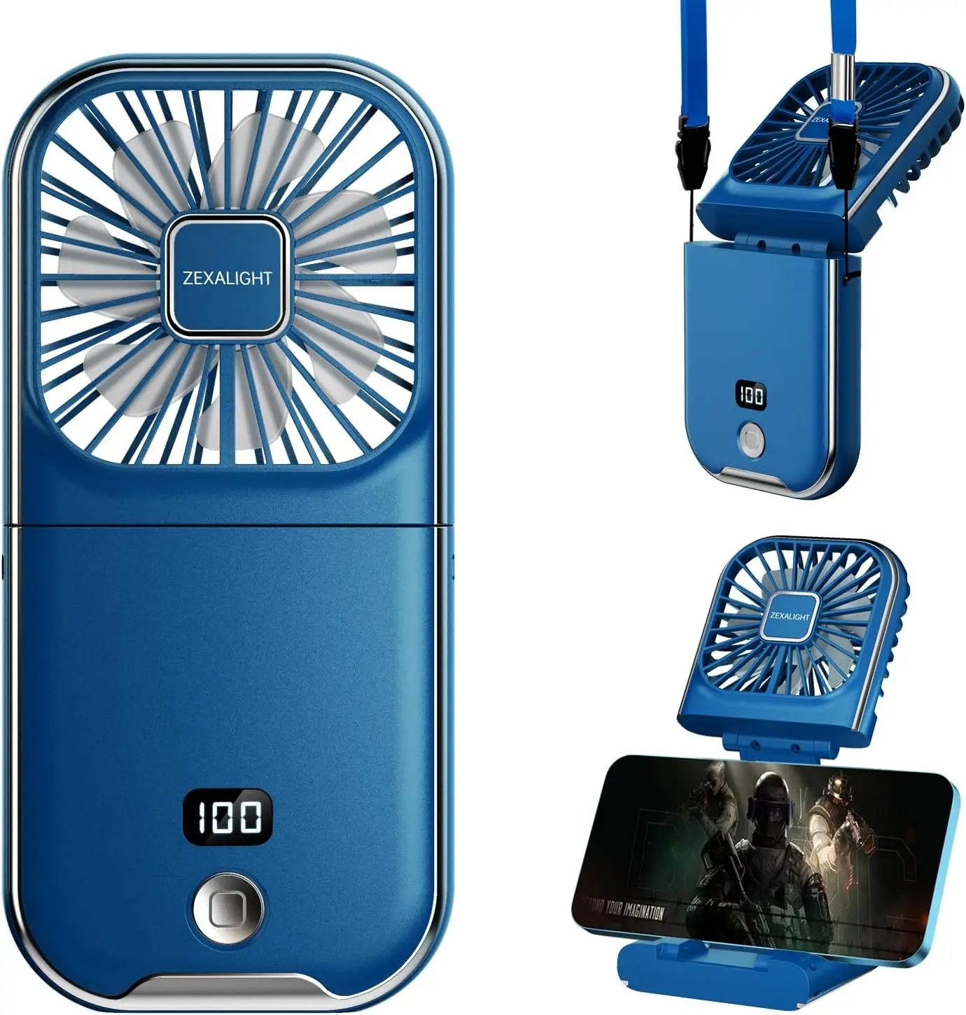 

5-in-1 Portable Handheld Fan, Necklace Fan, Desk Fan with Phone Stand, 4 Speeds, LED Display, USB Rechargeable, Blue