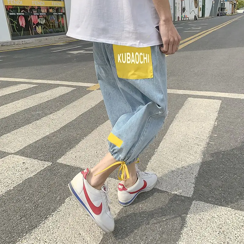 Hip Hop Ripped Denim Cropped Pants Streetwear Men Vintage Destroyed Hole Baggy Jeans Pants Summer Drawstring Loose Shorts