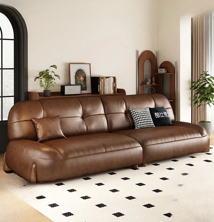 

American Leather Sofa Living Room Straight Row Furniture Italian Simple Retro Oil Wax Skin Sofa